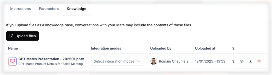 Example of managing files via the Knowledge interface