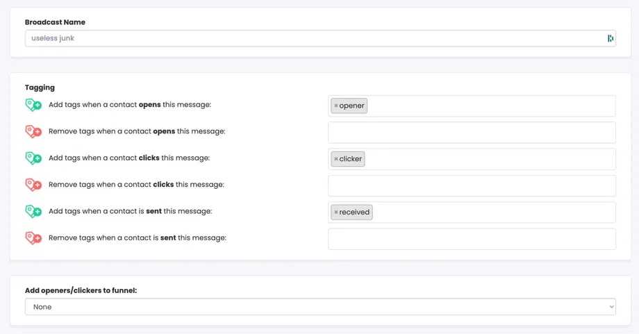 Revise tagging and funnel triggers for sent broadcasts | IGSendMail