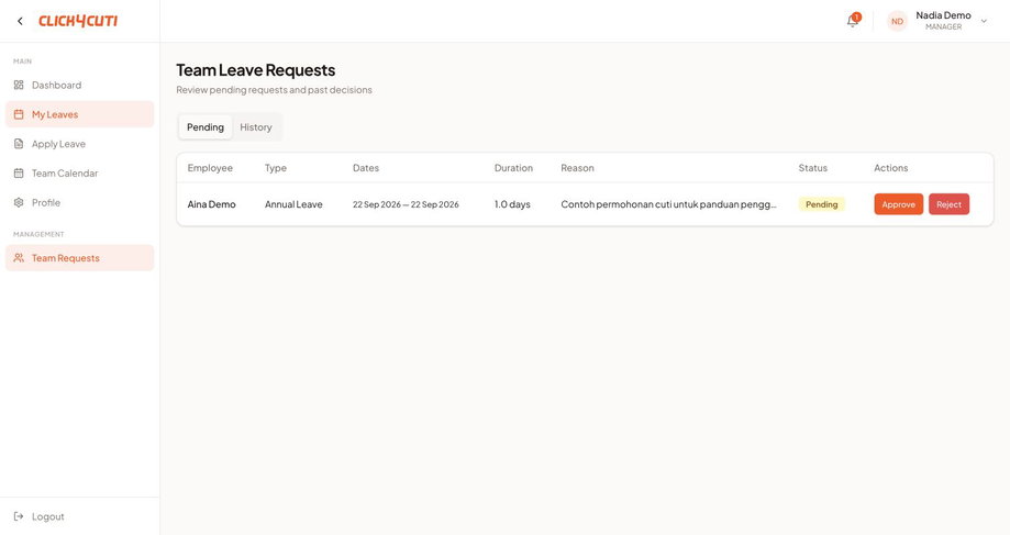 Web: Pending dan tindakan untuk permohonan pasukan.