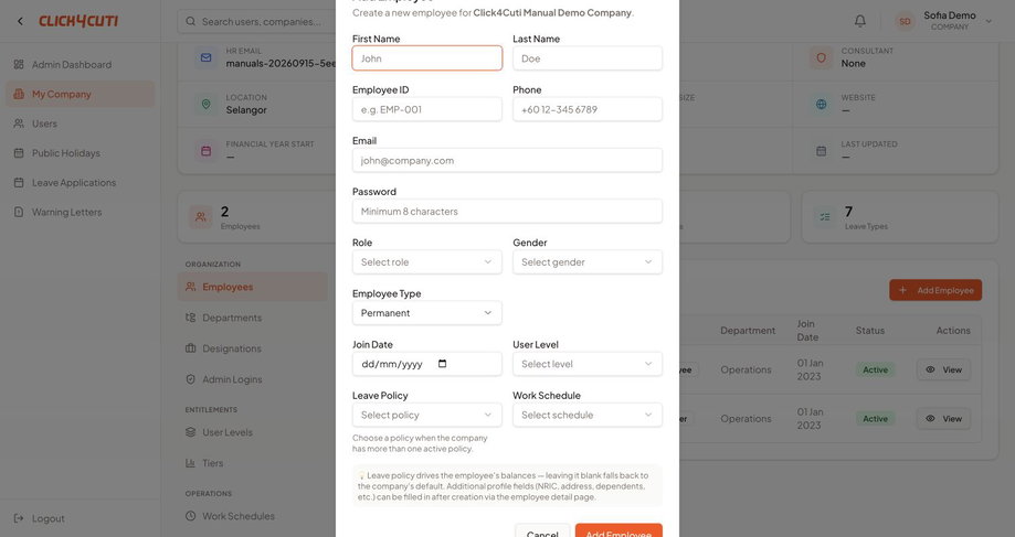 Web: borang pekerja baharu. Tatal borang untuk butang simpan jika perlu.