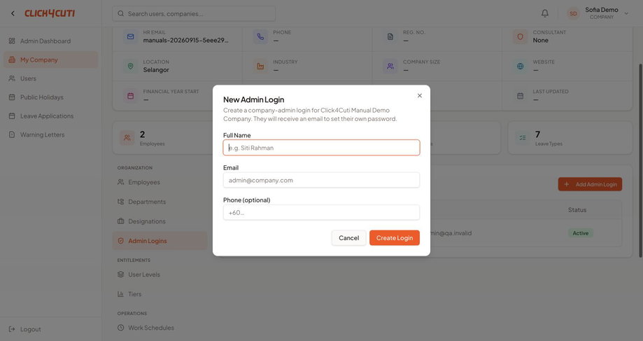 Web: tambah akses pentadbir syarikat.