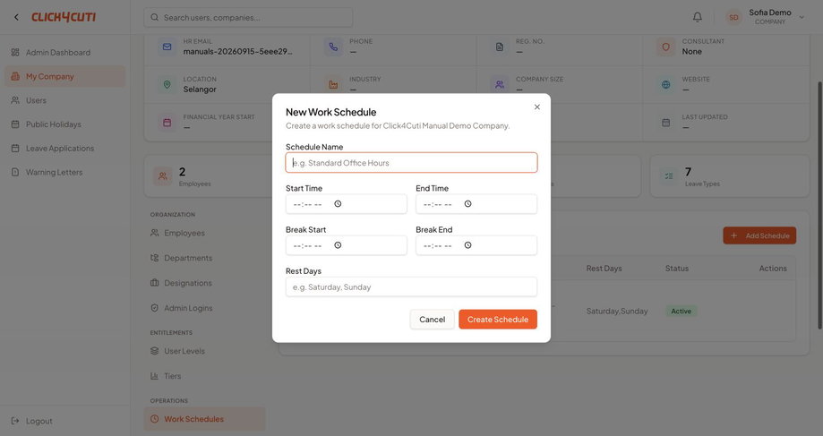 Web: jadual kerja, rehat dan hari tidak bekerja.