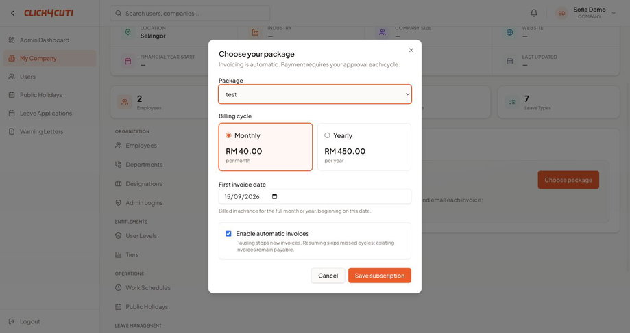 Web: pemilihan pakej, kitaran dan tarikh invois pertama.