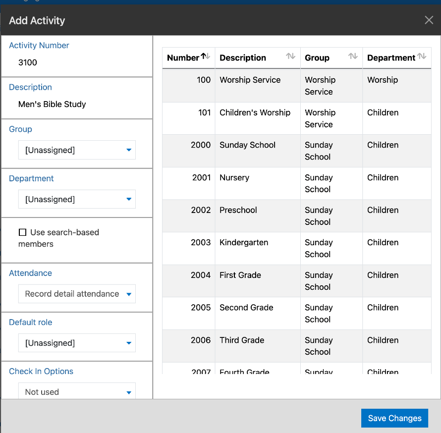 The Add Activity window filled in for activity 3100, Men's Bible Study, set to record detail attendance, with current activities listed on the right