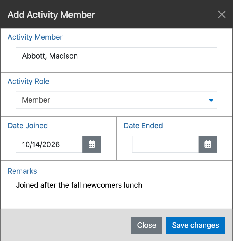 The Add Activity Member window filled in: Madison Abbott as a Member, joined 10/14/2026, with a remark