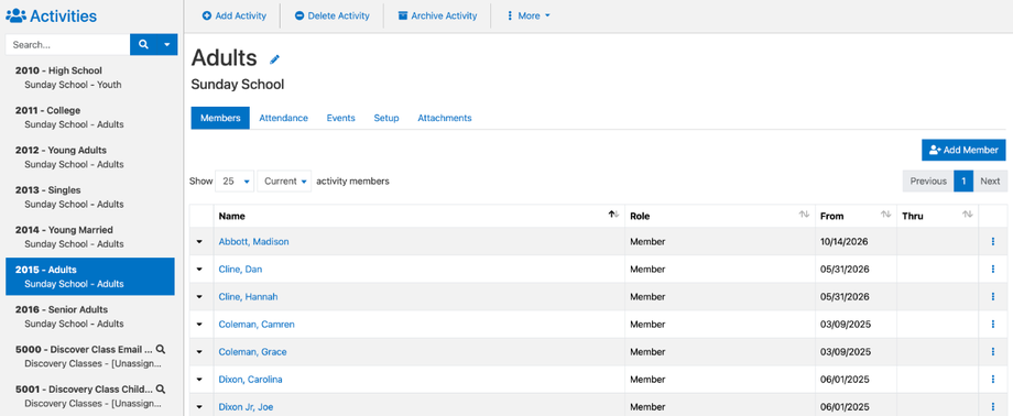 The Activities page with the activity list on the left and the Adults class open on its Members tab, showing each member's role