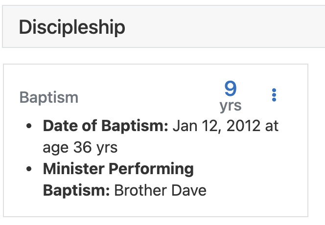 A Baptism attribute on a person profile in the Discipleship group, showing the date and the minister