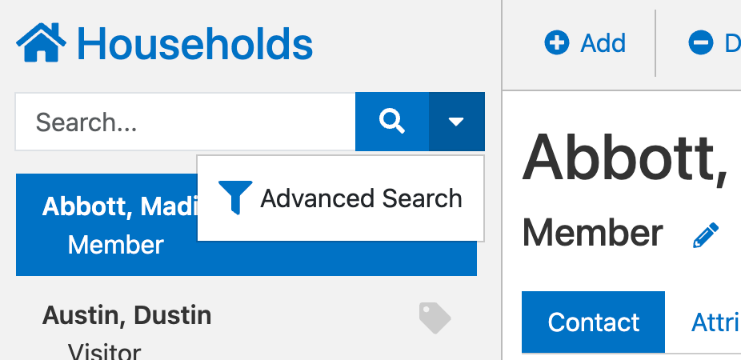 The search box drop-down open, showing Advanced Search