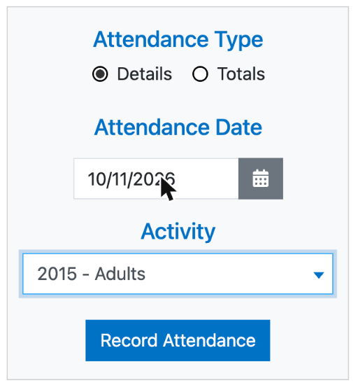 The Attendance Activity Selection screen with Details selected, a Sunday date, and the 2015 Adults activity