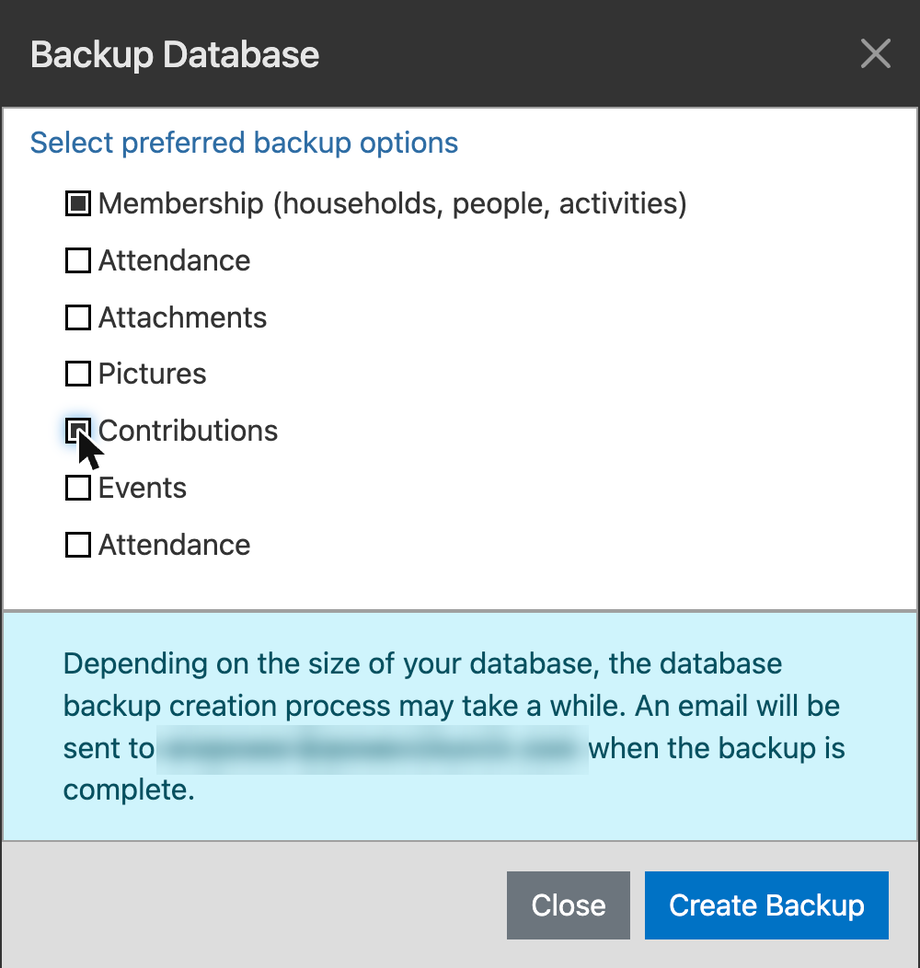 The Backup Database window with Membership and Contributions checked and the Create Backup button
