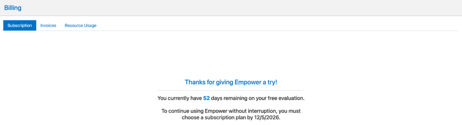 The Billing page during a free trial, with the Subscription, Invoices, and Resource Usage tabs and the days remaining