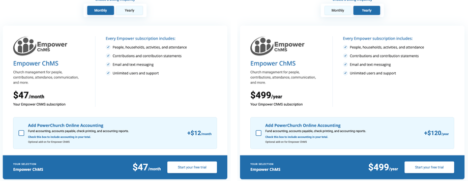 Empower pricing from empowerchms.com: $47 a month or $499 a year, with the optional PowerChurch Online Accounting add-on at $12 a month or $120 a year