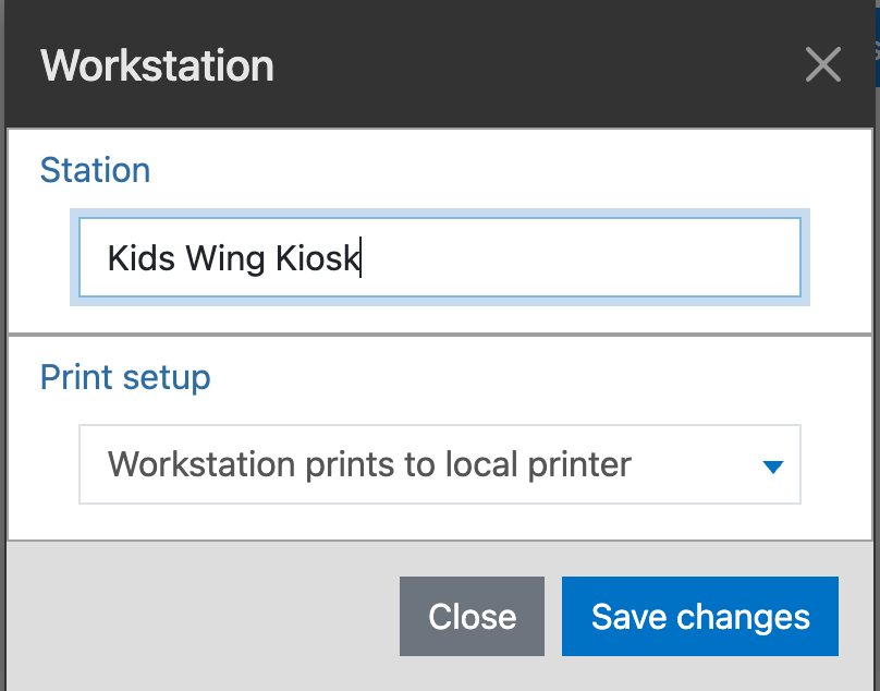 Workstation window with the station name Kids Wing Kiosk and print setup set to print to a local printer