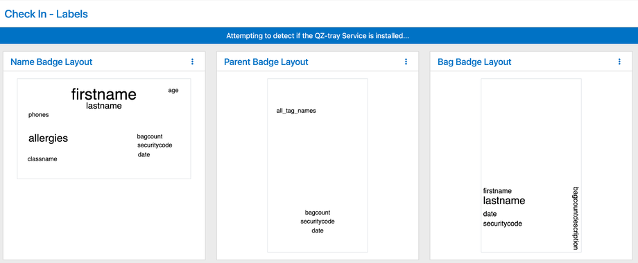 Check In Labels page showing the Name Badge, Parent Badge, and Bag Badge layouts