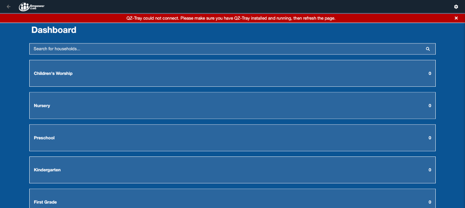 The Check-In Dashboard with the Search for households box and the activities open for check-in