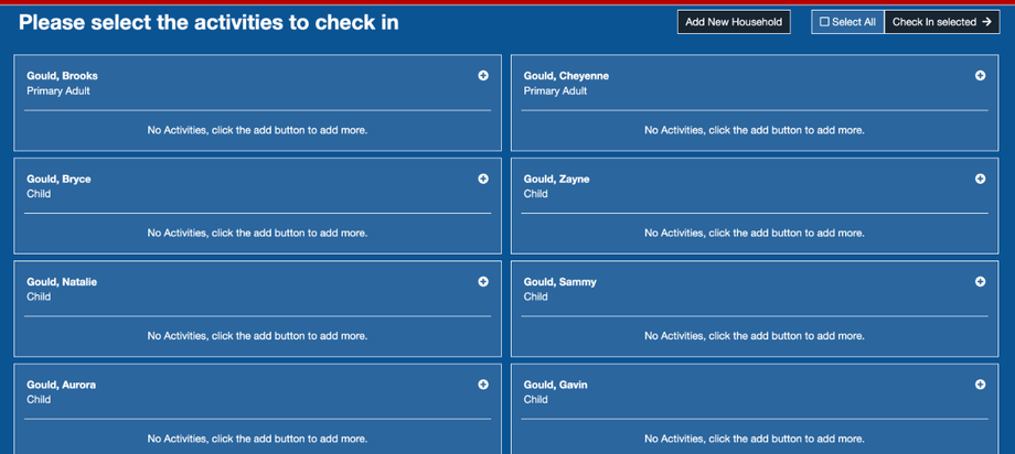 The Please select the activities to check in screen for one household, with Add New Household, Select All, and Check In selected buttons, and a plus button on each person