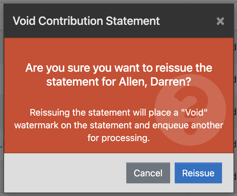 The Void Contribution Statement confirmation, asking whether to reissue a donor statement