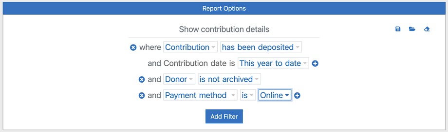 Report Options filters: contributions that have been deposited, dated this year to date, donor not archived, and payment method Online