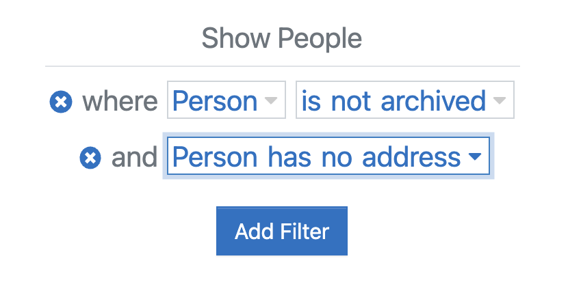 Filters for people who are not archived and have no address