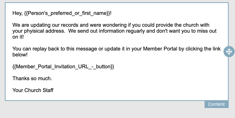 A newsletter template asking members to update their physical address, with merge fields