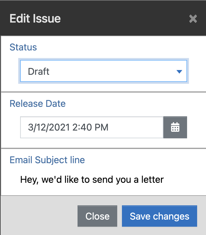 The Edit Issue window with Status, Release Date, and Email Subject line
