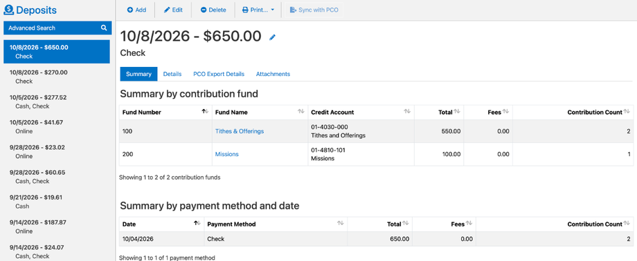 The Deposits page with past deposits listed on the left and one deposit open, showing a summary by fund and by payment method