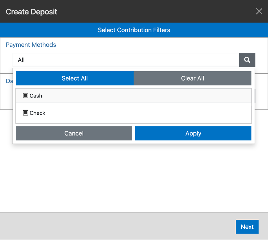 The Payment Methods picker in Create Deposit, with Cash and Check checked