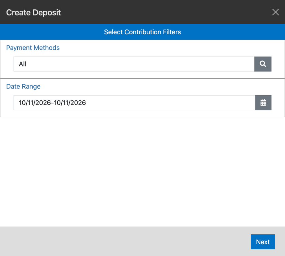 The first Create Deposit step with Payment Methods set to All and a one-day date range
