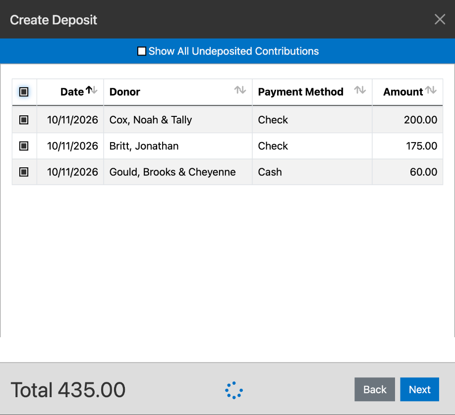 The contribution list in Create Deposit, with three Sunday gifts selected, the Show All Undeposited Contributions toggle at the top, and the total at the bottom