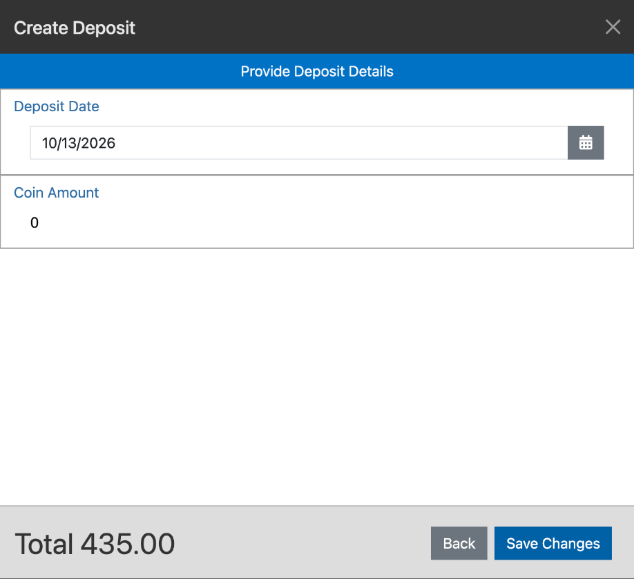 The Provide Deposit Details step, with the Deposit Date, Coin Amount, and Save Changes button