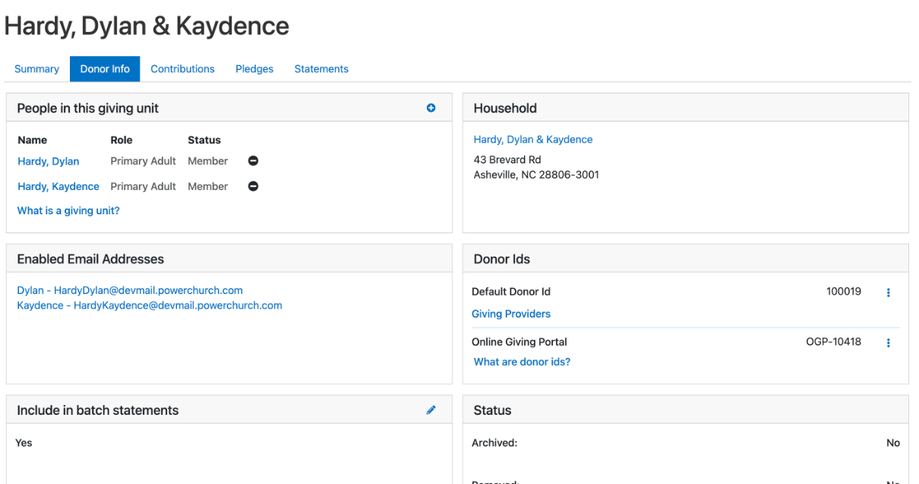 The Donor Info tab, showing the people in the giving unit, household, email addresses, donor IDs, and the batch statements setting
