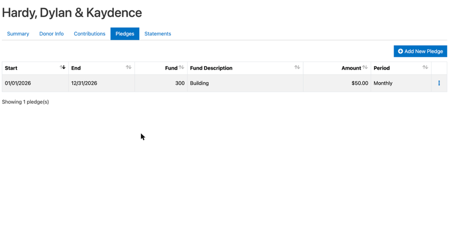 The Pledges tab with a $50 monthly pledge to the Building fund and the Add New Pledge button