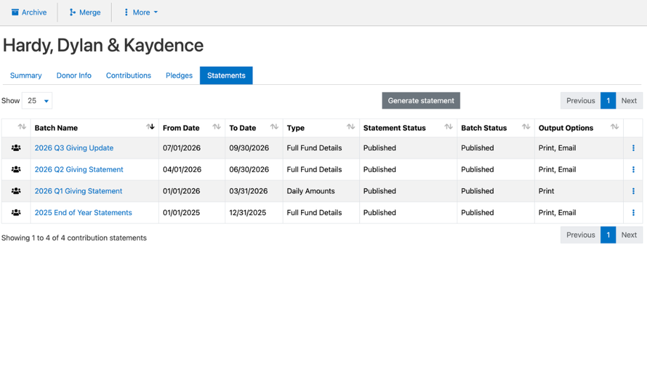 The Statements tab listing the statement batches this giving unit was included in, with the Generate statement button