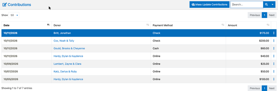 The Contributions Edit page listing undeposited contributions with the date, donor, payment method, amount, and a three-dot menu on each row