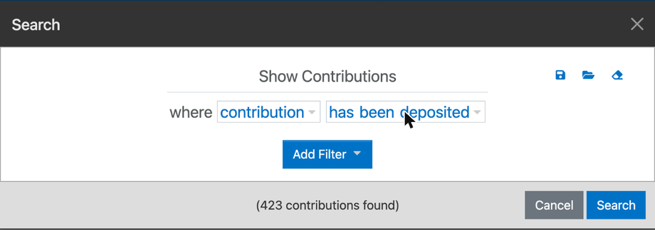 The Search window set to show contributions that have been deposited