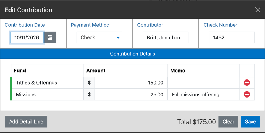 The Edit Contribution window for a $175 check split between Tithes & Offerings and Missions, with Add Detail Line, Clear, and Save