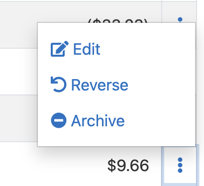 The menu on a deposited contribution with Edit, Reverse, and Archive