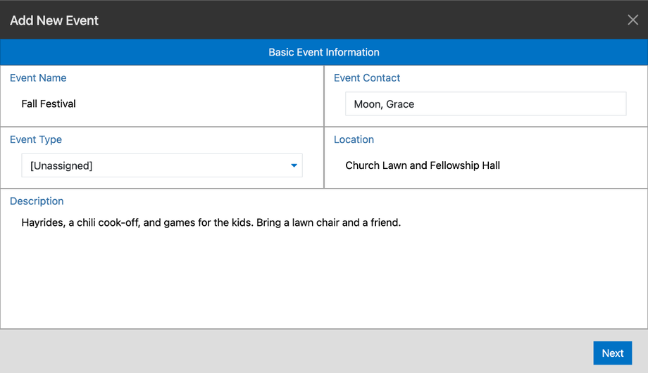 The first Add New Event step filled in for a Fall Festival, with an event contact, location, and description