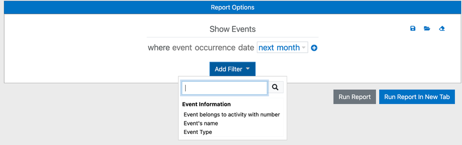 Add Filter list showing Event belongs to activity with number, Event's name, and Event Type