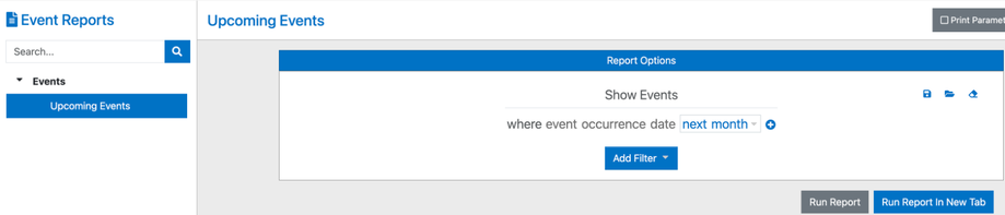 Event Reports page in Empower with Upcoming Events selected and the date range set to next month