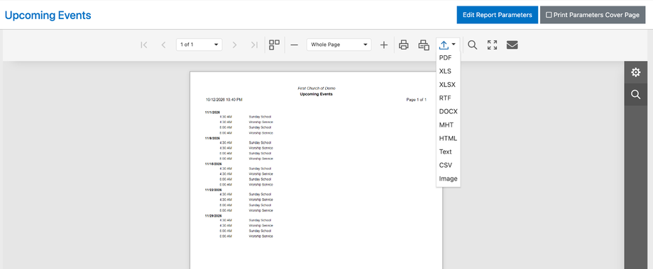 Upcoming Events report for First Church of Demo with the export menu open, showing PDF, XLS, XLSX, RTF, DOCX, MHT, HTML, Text, CSV, and Image