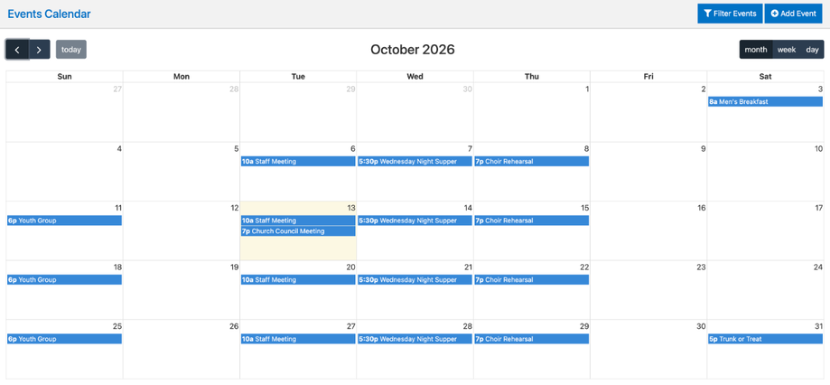 The Events Calendar for October, showing church-wide events such as Wednesday Night Supper, Choir Rehearsal, Youth Group, and Trunk or Treat