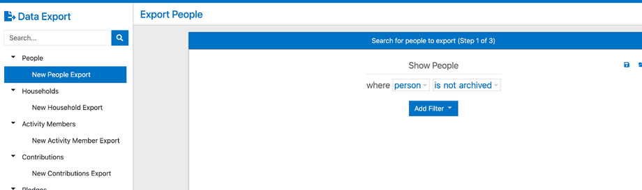 The Data Export page with the list of export types on the left and step 1, Search for people to export, on the right