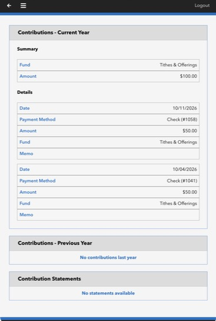The Contributions page in the member portal showing this year's total by fund and each gift's date, payment method, amount, and fund