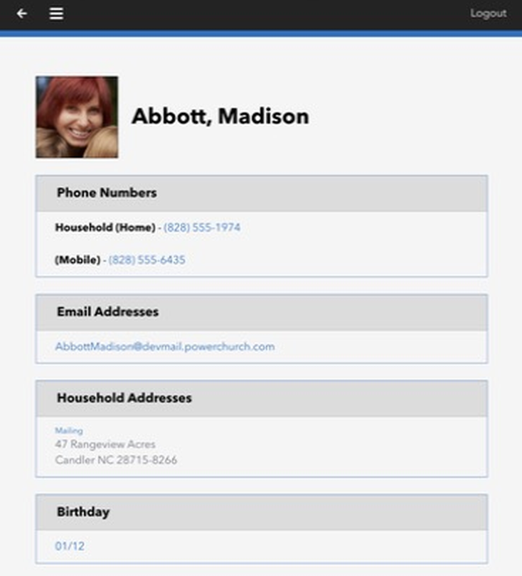 A church directory entry in the member portal with photo, phone numbers, email, address, and birthday