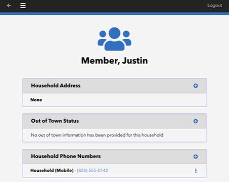A household page in the member portal on a phone, with address, out-of-town status, and phone numbers
