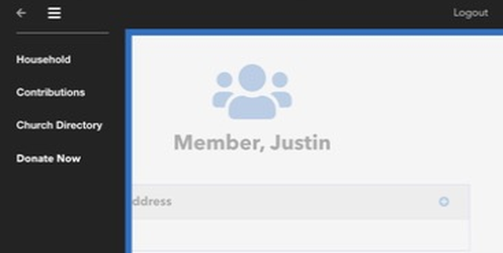 The member portal menu with Household, Contributions, Church Directory, and Donate Now
