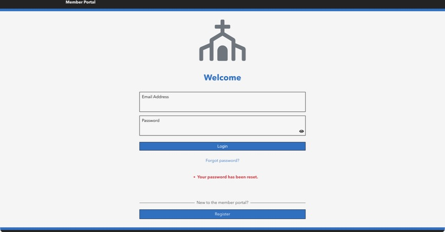 The member portal Welcome page with email and password boxes, Login, Forgot password?, and Register