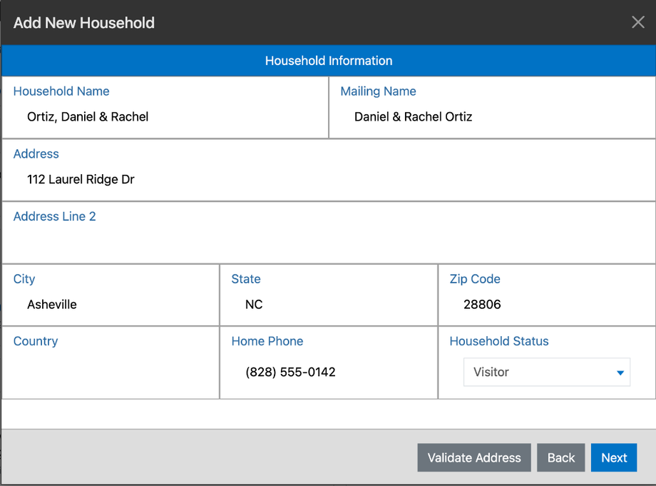 The Household Information step filled in with the household name, mailing name, address, home phone, status, and the Validate Address button
