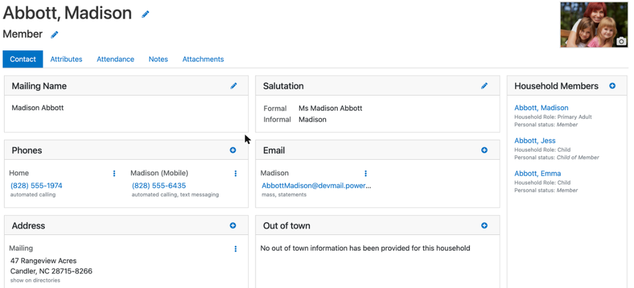 A household open on the Contact tab, with Mailing Name, Salutation, Phones, Email, Address, Out of town, and Household Members